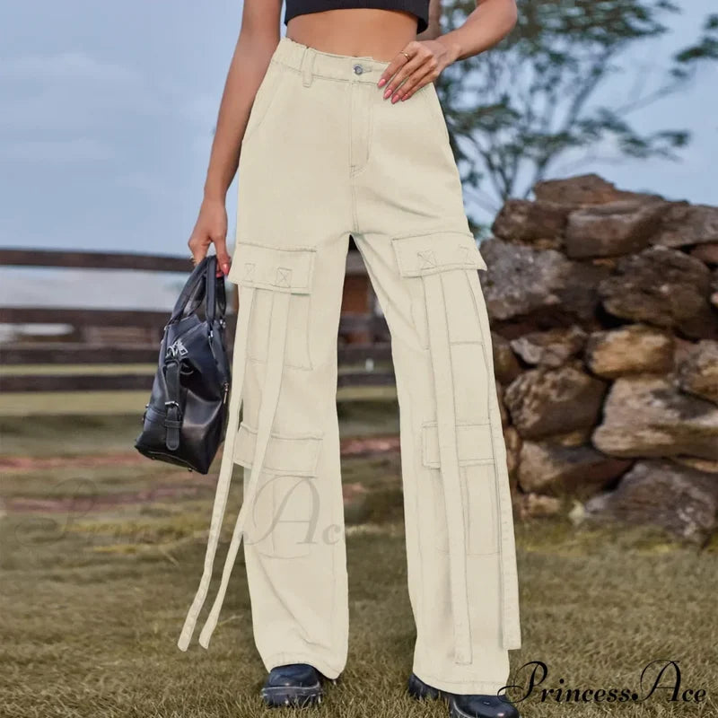 90S Streetwear Blue Cargo Casual Big Pockets Overalls High Waist Straight Denim Jean