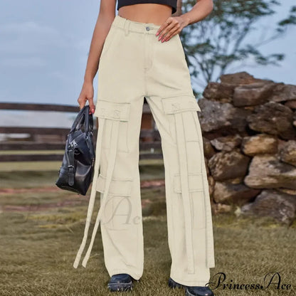 90S Streetwear Blue Cargo Casual Big Pockets Overalls High Waist Straight Denim Jean