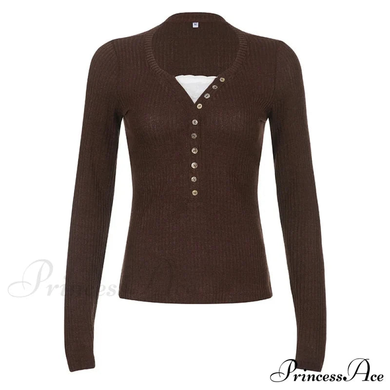 Aesthetic Up Ribbed Lace Arm Patchwork Retro Tops Y2K Skinny Casual Grunge Button Long Fairy Women