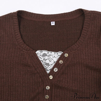 Aesthetic Up Ribbed Lace Arm Patchwork Retro Tops Y2K Skinny Casual Grunge Button Long Fairy Women