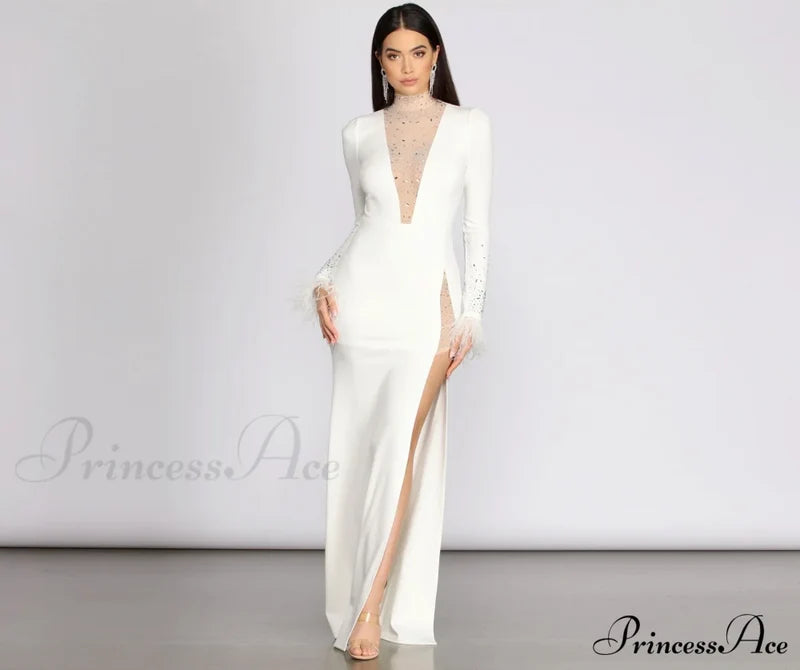 Beka Mesh And Heat Stone High Slit Dress - Lady Occasions
