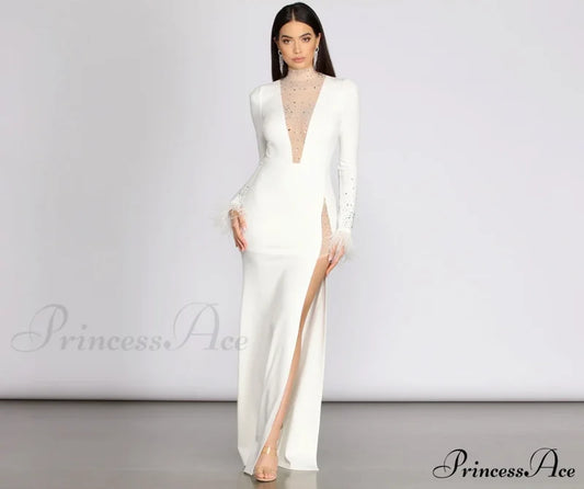Beka Mesh And Heat Stone High Slit Dress - Lady Occasions