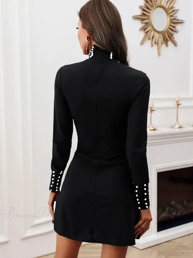Black Crew Neck Long Sleeve Dress Black High Neck Winter Dress