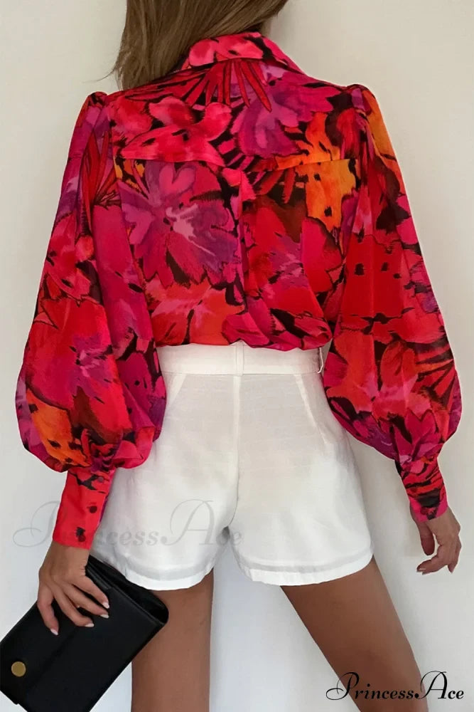 Blouse Lantern Arm Flowered Design In Red Tops