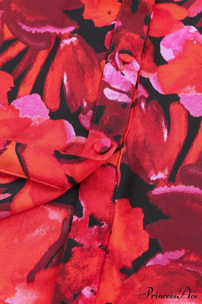Blouse Lantern Arm Flowered Design In Red Tops