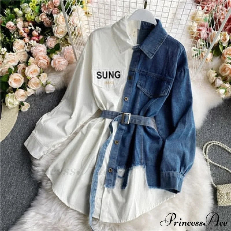 Blouse Patchwork - Plaid Jeans Long Women’s With Autumn Arm Elegant Design Slim Dress White / One