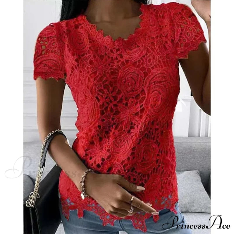 Brief Pink Neck White Casual Women’s Blouse Round Black Lace Arm Basic Plain