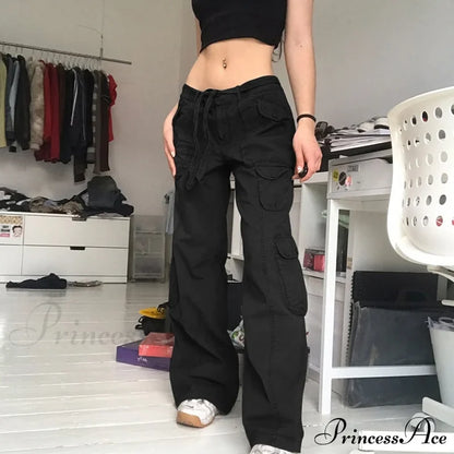 Cargo Streetwear Mom Pants Baggy Low Leg Waist 90S Denim Vintage Wide Jeans Trousers Trendy Korean
