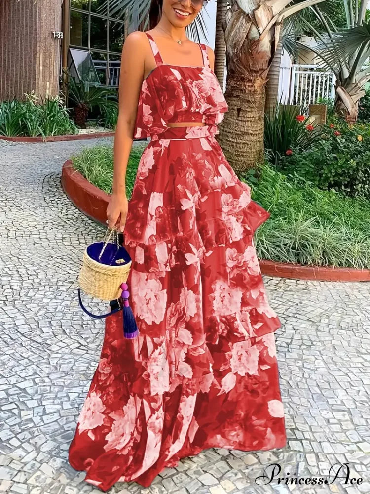 Crop Ruffles Flowered Skirt Two-Piece Tank Design Set S / Green Floral Chiffon Maxi Dress