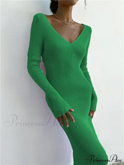 Fall Winter Knit Rib Long Sleeve V Neck Backless Midi Dress Green / S