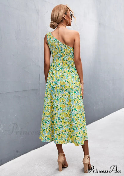 Floral Print Diagonal Shoulder Dress S / Red