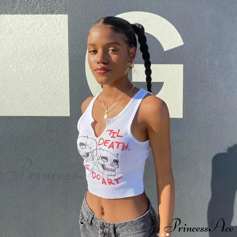 Graphic Cyber Streetwear Women Chic Sleeveless Activity 2024 Harajuku Skinny Crops Tank Top White /