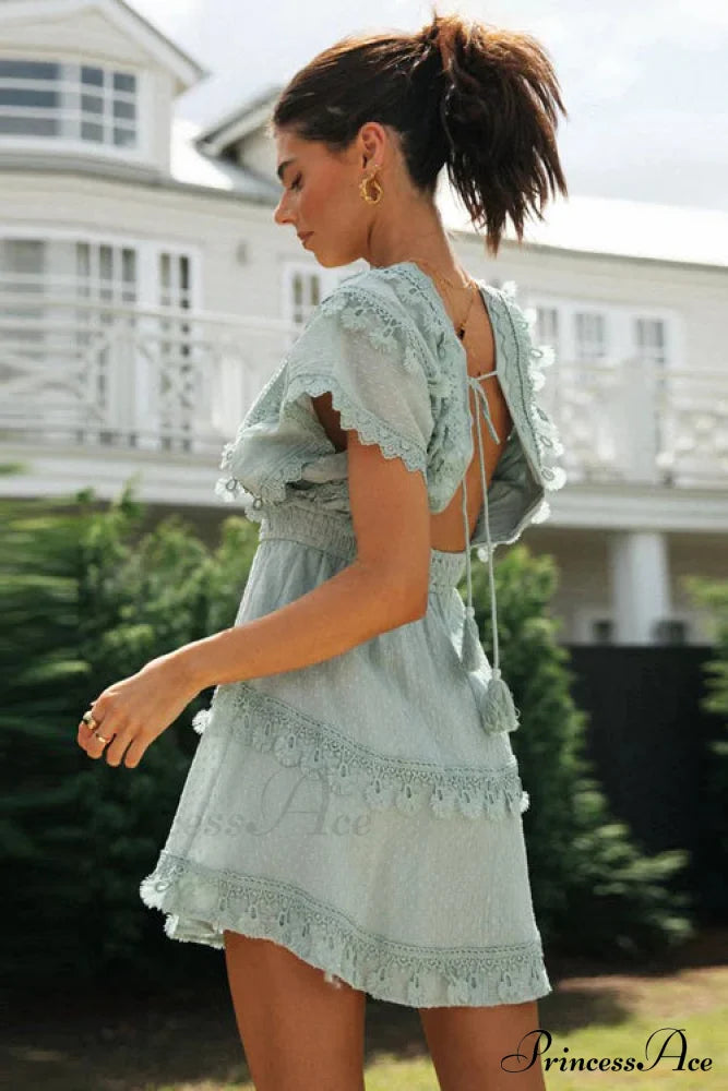 Green Lace Batwing Sleeve Backless Dress For Summer Casual Wear Cap Sleeve Lace Mini Dress