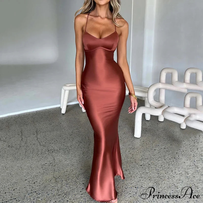 Heidi Formal Stylish Satin Lattice Dress Brown / S S.o. Long Dresses