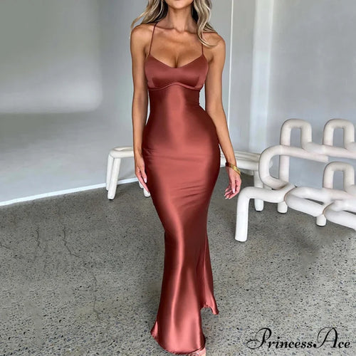 Heidi Formal Stylish Satin Lattice Dress Brown / S S.o. Long Dresses