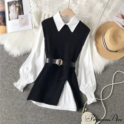 Knitted Set Waistband Style Blouse Top - Women’s Lantern College And Vest Arm Uk900 Black / One Size
