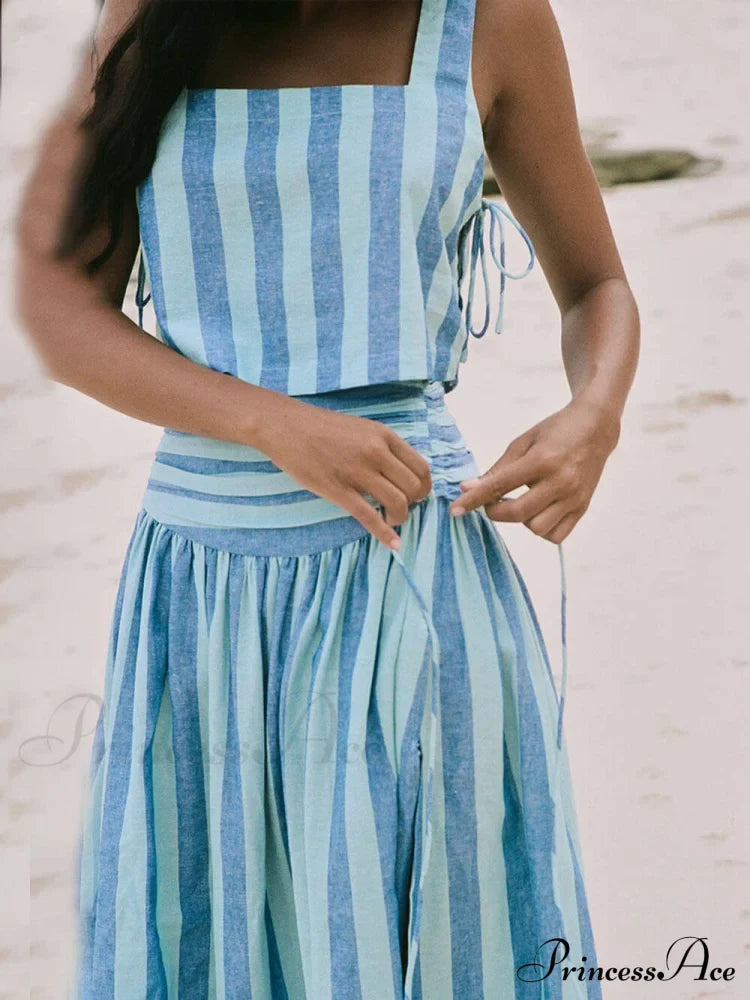 Lace-Up Tank And Ruched Graceful Waist Midi Skirt Set Dresses