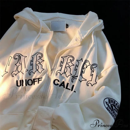 Letter Print Vintage Zip Up Oversize Jacket Apricot 1 / S