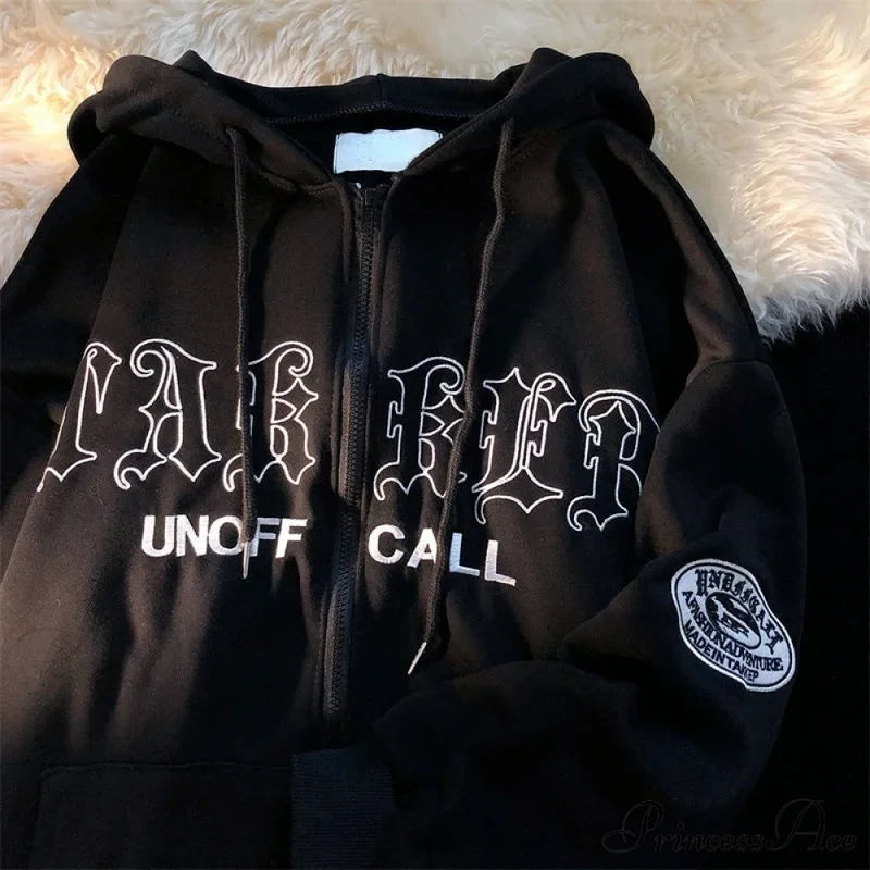 Letter Print Vintage Zip Up Oversize Jacket Black 1 / S