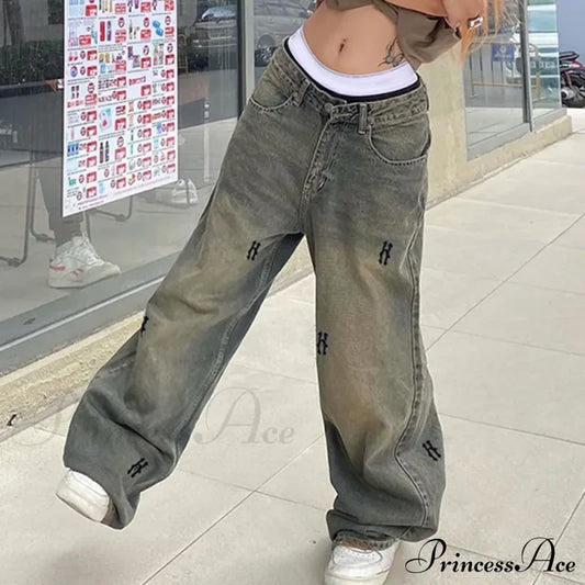 Letter Straight Wide Leg Denim Low Waist Vintage 2024 Oversized Hip Hop Harajuku Cargo Jean
