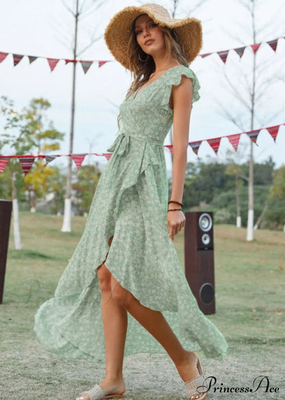 Lotus V-Neck Warm-Season Gown Coastal Low Sleeves Flowered High Straps Tank Foliage Dress S /