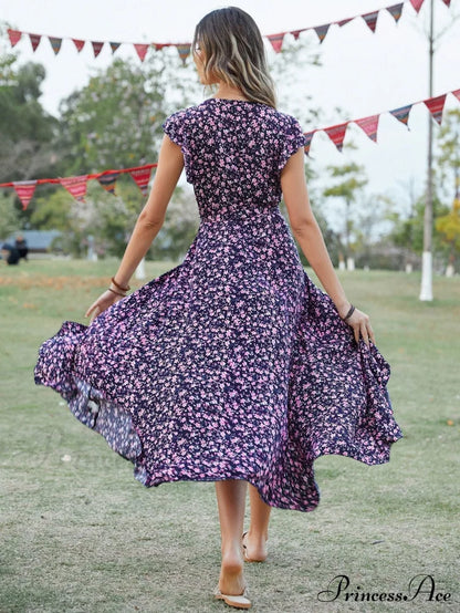 Lotus V-Neck Warm-Season Gown Coastal Low Sleeves Flowered High Straps Tank Foliage Dress L / Green