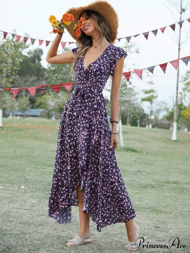 Lotus V-Neck Warm-Season Gown Coastal Low Sleeves Flowered High Straps Tank Foliage Dress Xl /