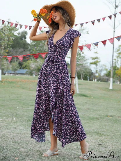 Lotus V-Neck Warm-Season Gown Coastal Low Sleeves Flowered High Straps Tank Foliage Dress Xl /
