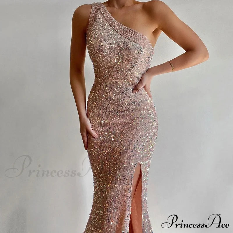 Lyla Formal One Charming Shoulder Sequin Dress Khaki / S S.o. Long Dresses