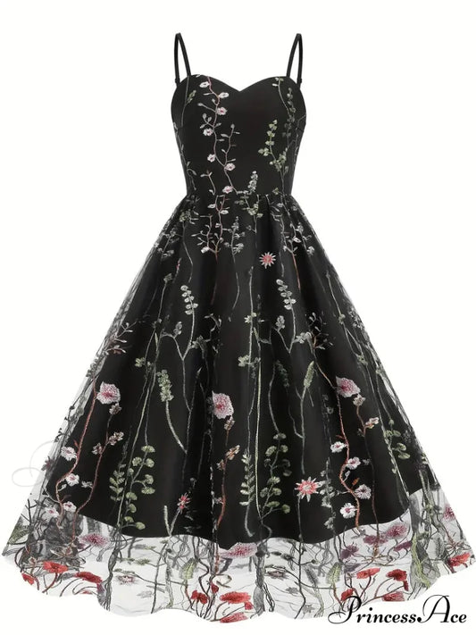 Mesh Floral Embroidery A Line Party Dress For Summer S / Blue Black Floral Maxi Dress