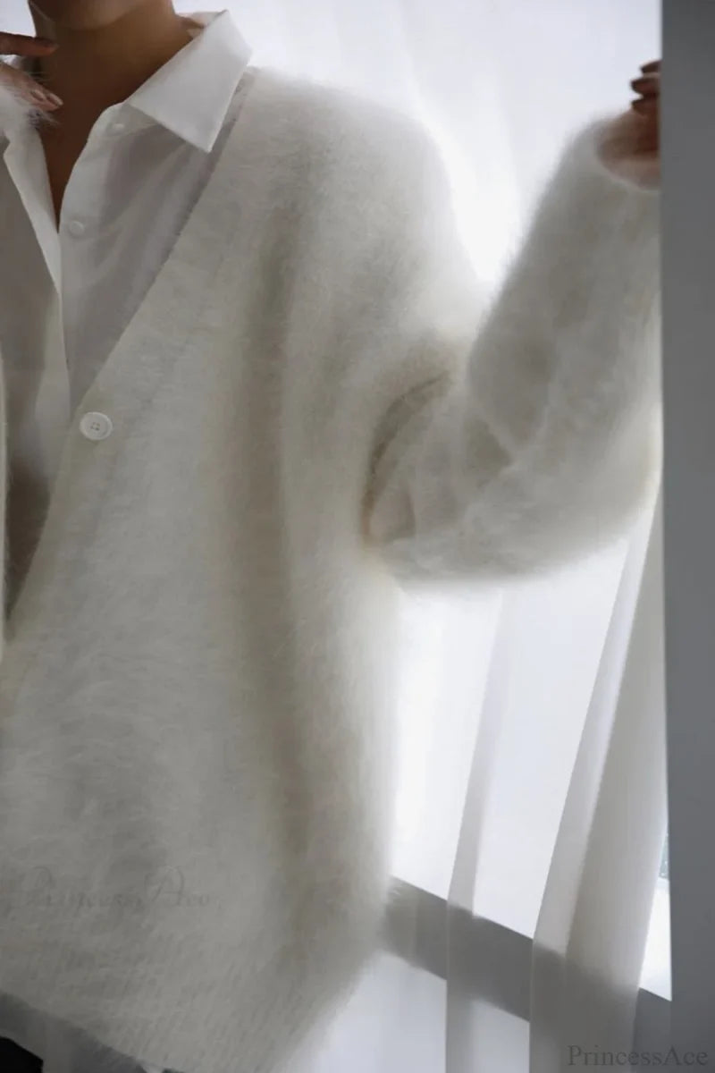 Mink Hair V Faux Neck Cardigan White / L Cardigans