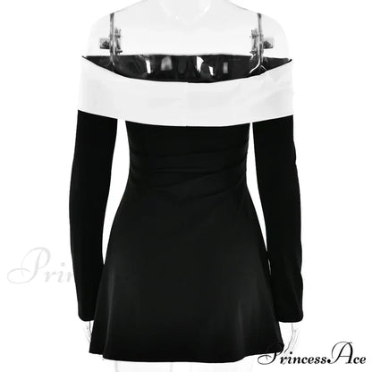 Off-Shoulder Colourblock Long Charming Sleeve Mini Dress Patchwork