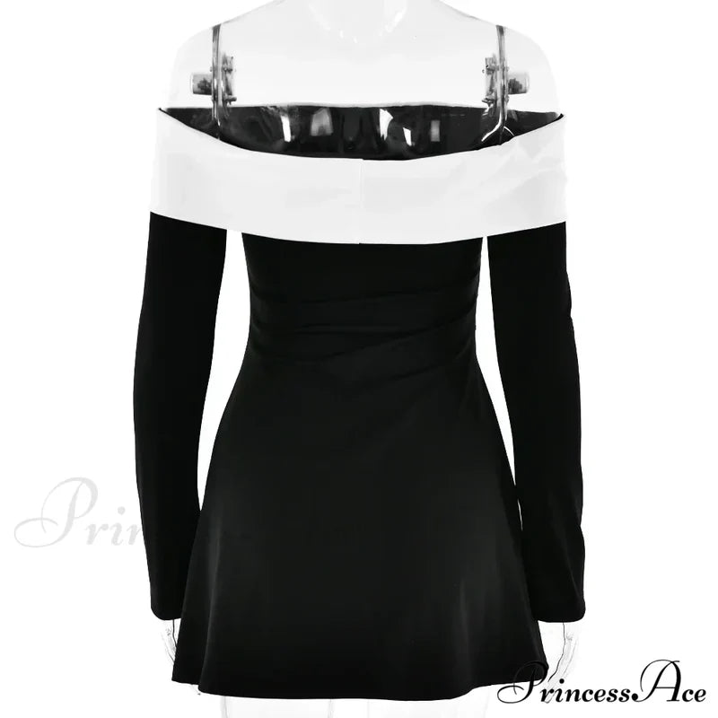 Off-Shoulder Contrast Long Charming Sleeve Mini Dress