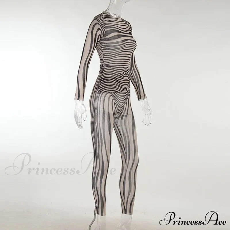 Pants Suit Sexy Costume Zebra Co-Ord Striped Tracksuit For Mesh + Set 2 T-Shirt Piece Long Autumn