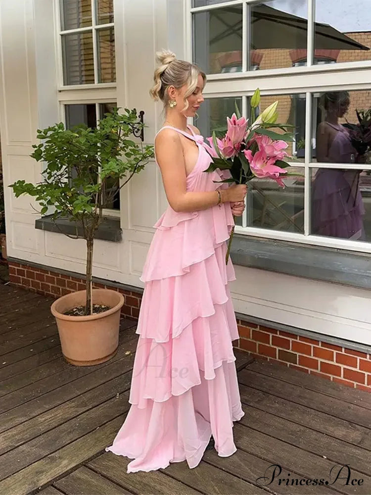 Pink Pleated Stylish Halter Maxi Dress Layered Ruffles Long