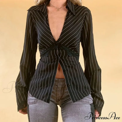 Retro Y2K Lace Patchwork Tshirt Button With Up And Design