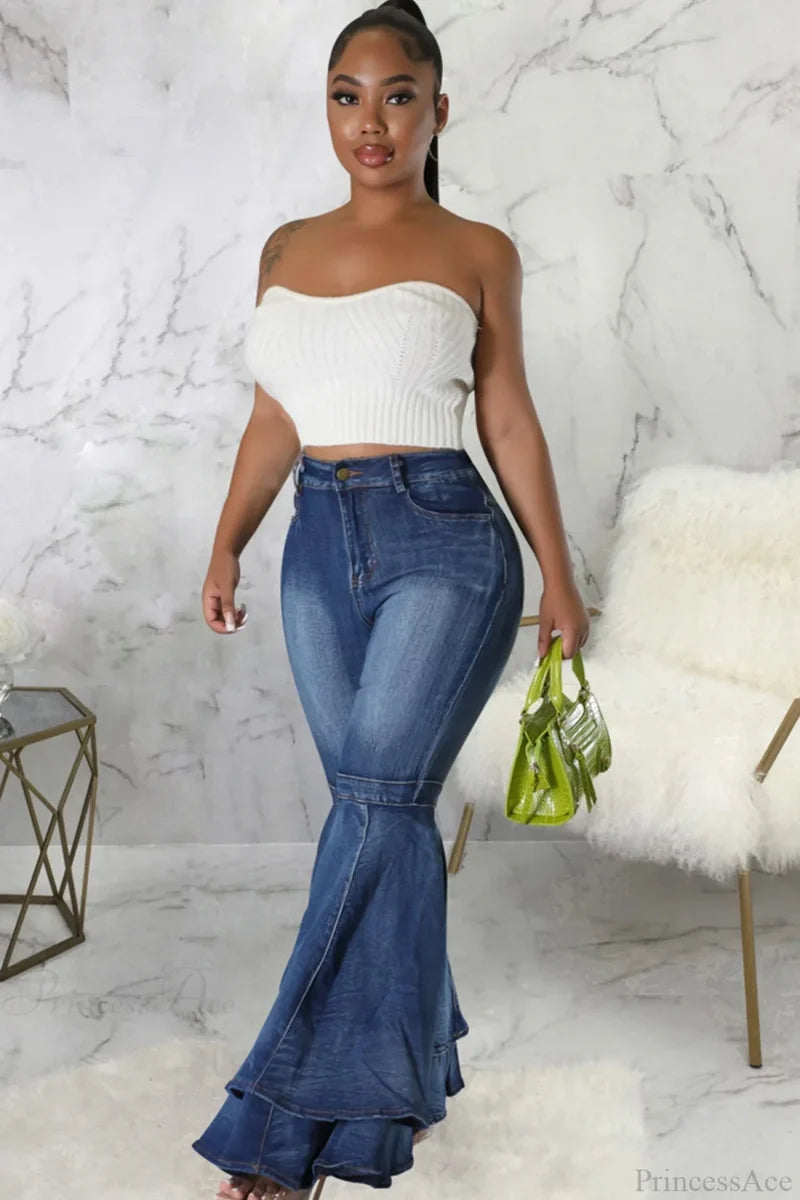Rise Flares Tiered High Jeans Blue / L Pants