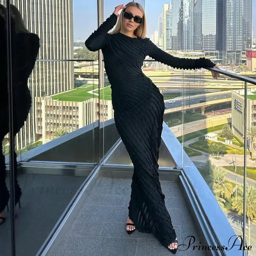 Ruffles Frill Round Neck Long Sleeve Maxi Dress Black / S
