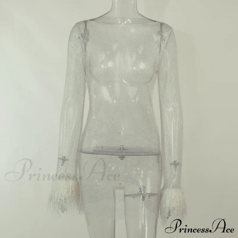 See Through Mesh Autumn Black Long O-Neck Sexy Club Partywear Fashion Bodycon Dress White / S