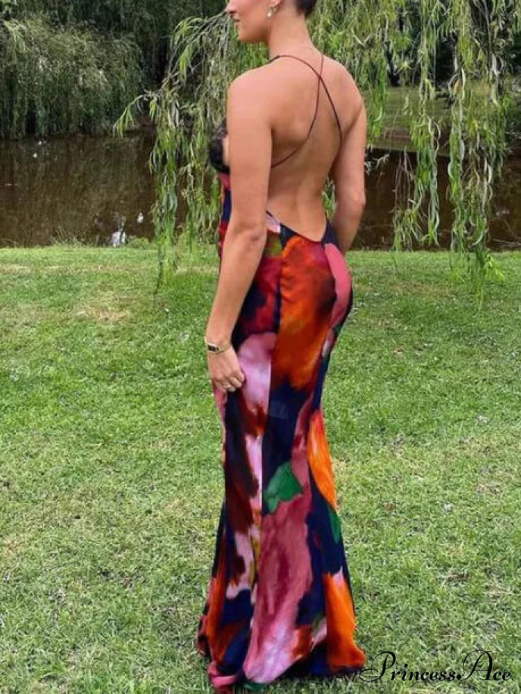 Sexy Deep V Lace Graceful Patchwork Printed Auspender Maxi Dress Dresses