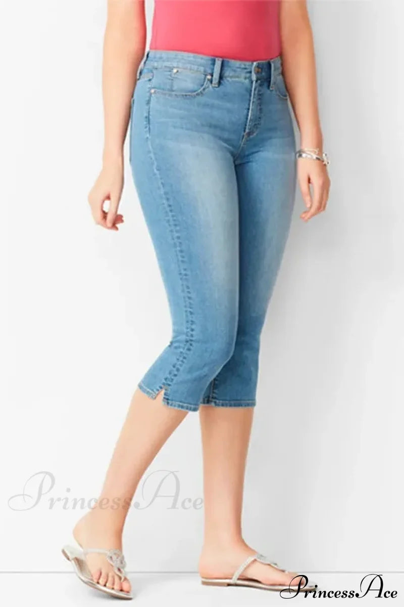 Skinny Knee Length Woman’s Cropped Trousers Women Elastic High Waist Mom Oversize Blue Denim