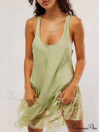 Sleeveless Lace Stylish Panel Mini Dress Green / S Dresses