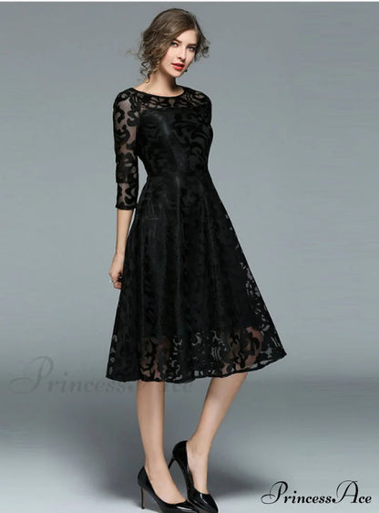 Slim Ladies Party Dress Casual Lace Dresses M / Blue