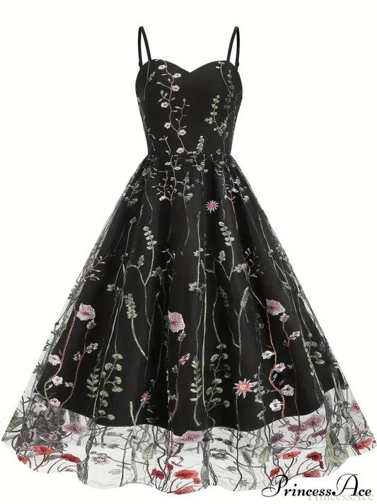 Party Mesh Flowered A Embroidery For Gown Line Summer S / Blue Black Floral Maxi Dress