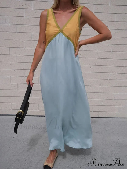 Splicing Chic V-Neck Charming Contrasting Color Dress Dresses
