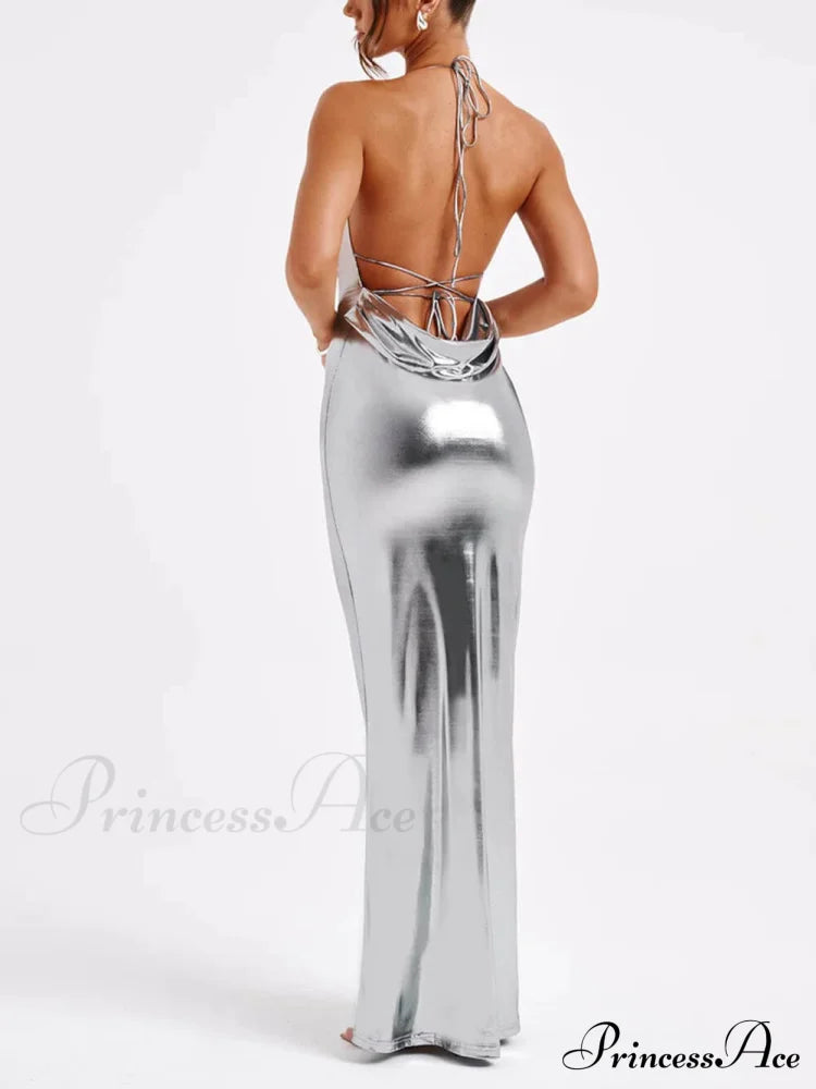 Spring Swing Collar Glossy Graceful Metallic Backless Maxi Dress Dresses