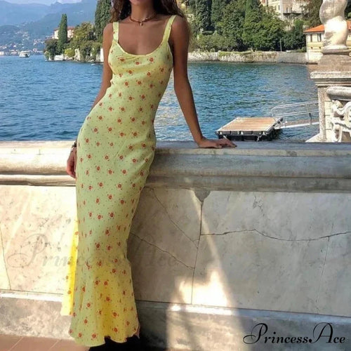 Strip Sleeve Bodycon Maxi Dress Yellow / S