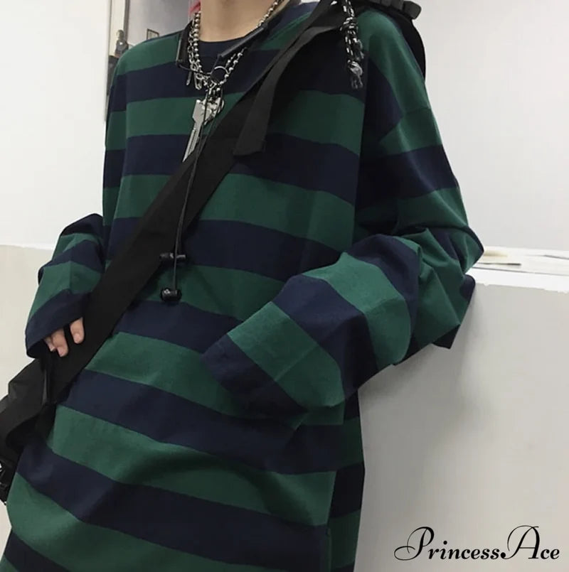 Stripe Long Grunge Arm Tee Green / S T-Shirts