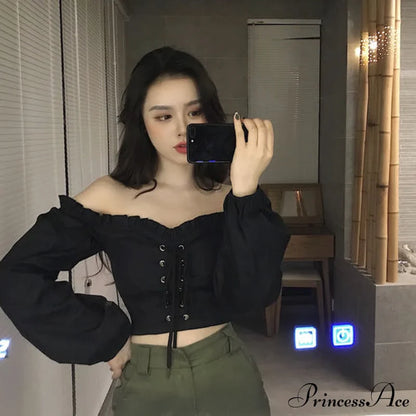 Top Sleeves Lace Ruffle Puff Tops Long Crop Vintage Arm Up Bandage Blouse Shoulder Ladies Black Off