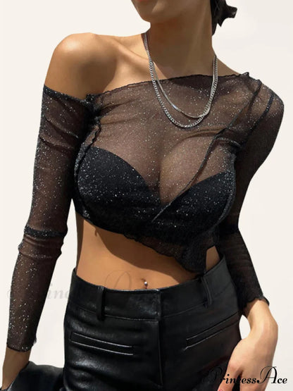 Women’s Solid Color Sheer Mesh One-shoulder Sexy Crop Top Black Clothes long sleeve shirts long sleeve top shirt top